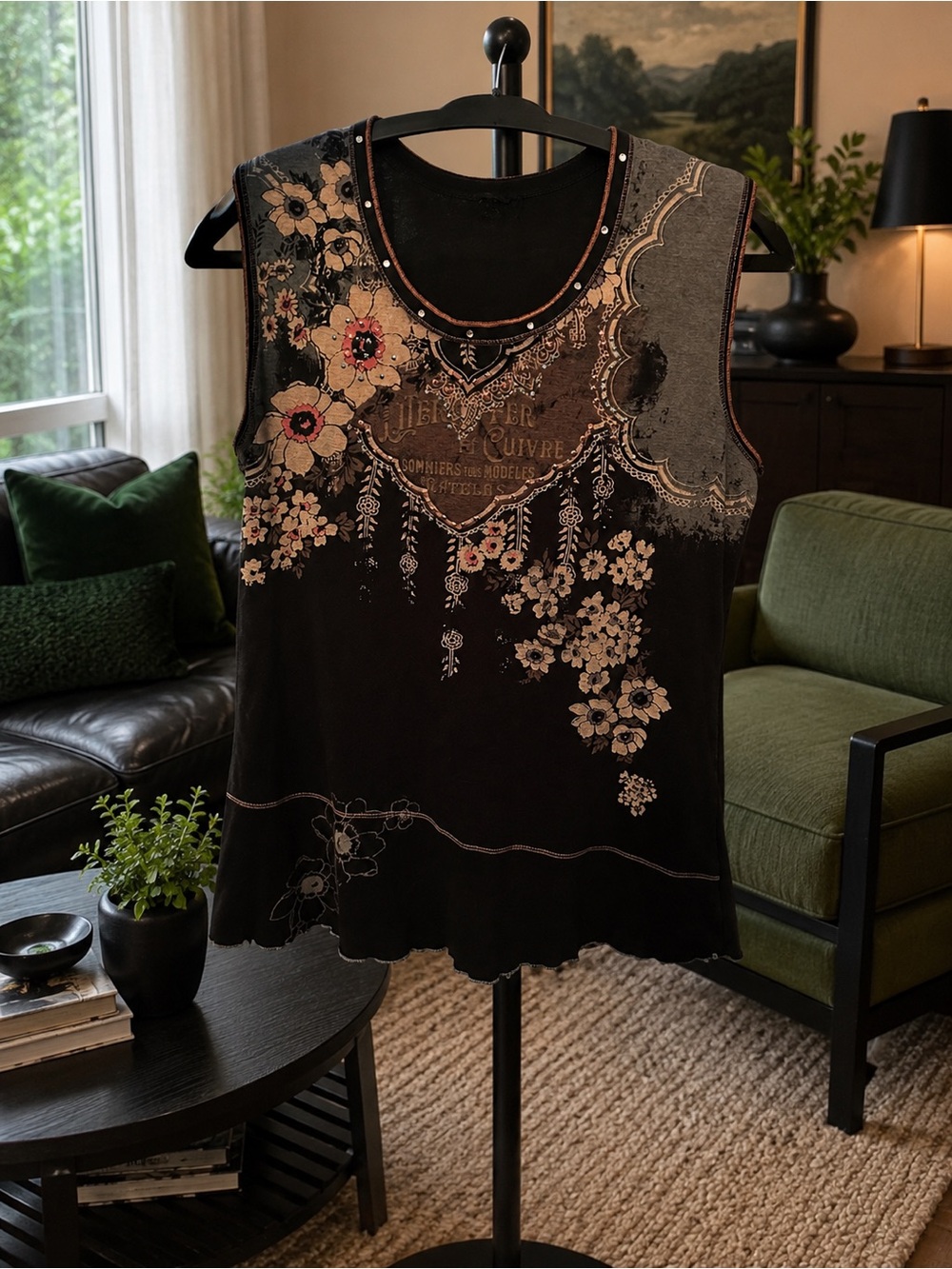 Vanilla Sugar Black Floral Studded Scoop Neck Tank